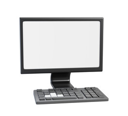 Gaming computer cartoon 3d render icon. Realistic black desktop pc with white monitor screen and gamer keyboard for play video game or streaming, equipment isolated on blue background