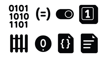 Data types silhouette icons set – simple, coding and database design symbols