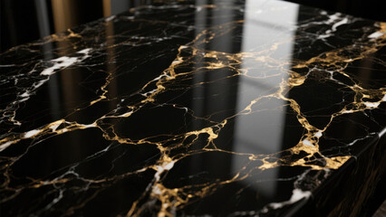 an image of a luxurious black marble surface with intricate gold veining, featuring a glossy finish