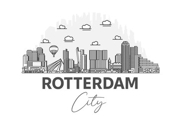 Wall Mural - Rotterdam, Netherlands architecture line skyline illustration with shadows. Linear vector cityscape with famous landmarks, city sights, design icons.