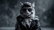 © VRVisionary - Fierce cat on a gray surface with text space. Kitty in black leather jacket, cap, and shades. Rock-inspired. Hilarious cat dressed up.