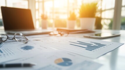 Leinwandbilder - A close-up of a financial report with multiple bar charts and performance metrics, emphasizing detailed data analysis and business insights on a clean white desk.