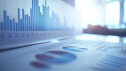 Leinwandbilder - A close-up of a financial report with multiple bar charts and performance metrics, emphasizing detailed data analysis and business insights on a clean white desk.