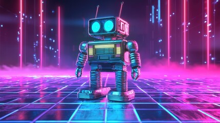 Retro robot figure in neon light digital art.