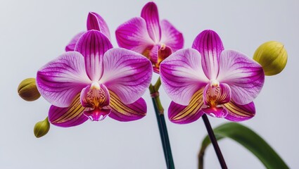 Poster - Tropical Garden Featuring Pink Phalaenopsis and Moth Dendrobium Orchid Flowers Isolated on White Background. Selective Focus. Agricultural Design Idea with Copy Space.
