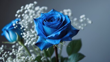 Poster - Medium blue roses in a bouquet set against a backdrop with room for copy