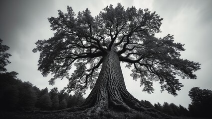 Isolated black and white tree branch silhouette against forest landscape