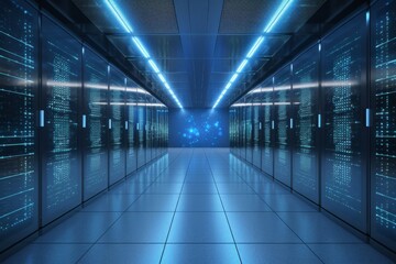 Fototapete - Data Center Server Room: A Glimpse into the Heart of Modern Computing with Blue Illumination