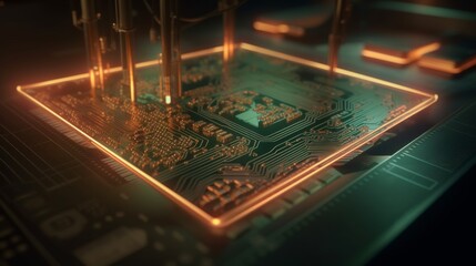 Poster - Futuristic Processor Examination: A Close-Up View of Advanced Circuitry Being Tested with Probe-Like Instruments