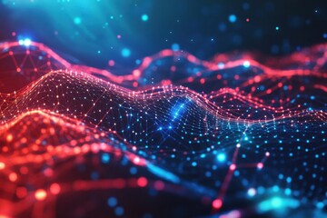 Wall Mural - abstract network data flow visualization with connected nodes and lines in red and blue futuristic t