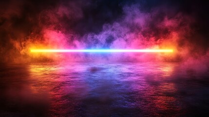 neon light with vibrant orange, pink, blue smoke on reflective dark surface, creating a mesmerizing 