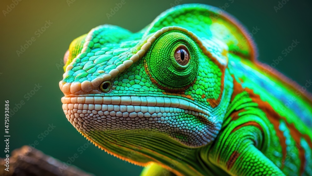 Wildlife photography of a green chameleon close-up with intricate skin patterns