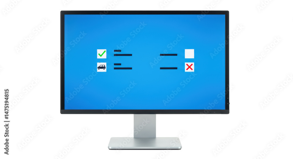 Isolated Computer Screen with Checkmarks and Car Icon