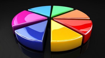 Poster - A vibrant D pie chart showcasing financial data, with glossy slices in various colors, set against a sleek black background, emphasizing data representation.