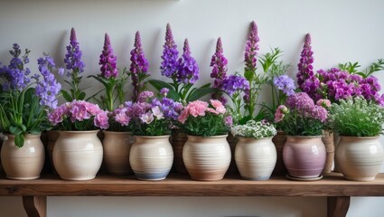 Aufkleber - An assortment of colorful flowers and plants in ceramic pots placed on a wood board