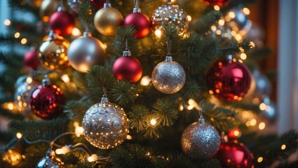 Aufkleber - Festive display of Christmas lights and balls on tree in celebration