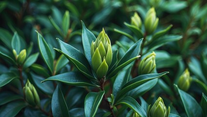 Poster - Ornamental shrub with flower bud and green leaves captured in a park environment