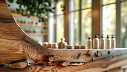 Aufkleber - Interior background concept with a blurred image of a wood tabletop or counter displaying products.