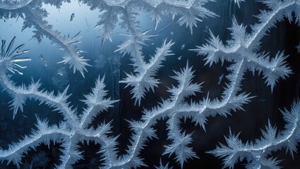 Poster - Cold winter window. Glass frozen with ice crystals. Beautiful hoarfrost design, rime on a black background. Snowy backdrop, great for screen mode.