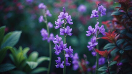 Poster - Photographed garden scene with purple flower layout and natural concept