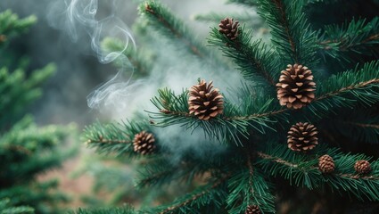 Poster - Macro Shot of Evergreen Fir Branch Featuring Christmas Colors and Seasonal Decor
