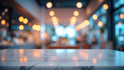 Poster - Modern white stone table with defocused backdrop ideal for retail and food presentation