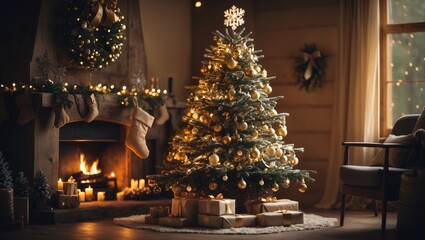 Poster - Festive Christmas tree with lights and wrapped gifts in the home.