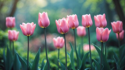 Aufkleber - Elegant pink tulip flowers set against a green nature scene