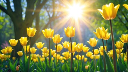 Poster - Yellow tulip bouquet on a spring-themed background
