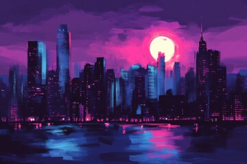 Wall Mural - night cityscape painting with vibrant colors and a full moon reflecting on the water in an urban set