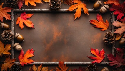 Aufkleber - Lively fall leaves, acorns, and pine cones. Two borders across a rustic banner background. Top-down perspective with blank area.