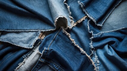 Poster - Denim blue jeans textile border. Frayed denim fabric. Destroyed ripped denim pieces, background banner. Upcycle old textiles idea. Many fabric fragments.