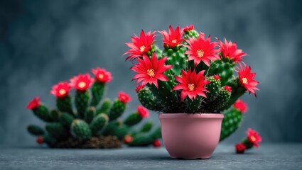 Aufkleber - Vibrant flowers including pink crab cactus and holiday cacti in bloom with a gray background and green house decor