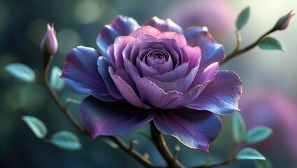 Poster - Macro shot of blooming flowers in shades of blue, pink, and violet with soft petals and lush greenery