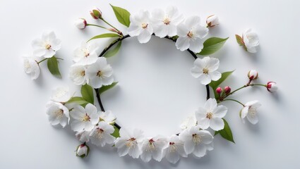 Poster - Single cherry blossom with branch on plain background