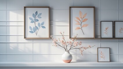 Aufkleber - Vase with flowering twigs and framed pictures on shelf adjacent to wall