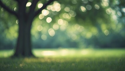 Wall Mural - nature-inspired blurred backdrop of a park garden with trees, leaves, and soft bokeh light