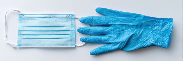 Fototapete - Medical Gloves and Mask on White Surface With Space for Text Above, Emphasizing Health and Safety Precautions in Various Settings