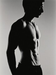 Poster - Toned Torso Silhouette With Soft Highlights Showcasing Muscular Definition From the Left Side, Captured Indoors During a Minimalist Art Session