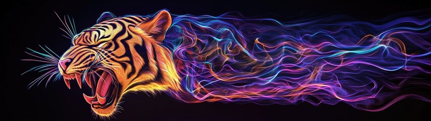  Roaring tiger head with vibrant, flowing energy trails.