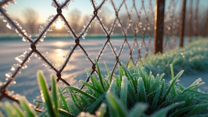 Wall Mural - a serene morning scene featuring frost-covered plants and a chain-link fence up front, with a frosty