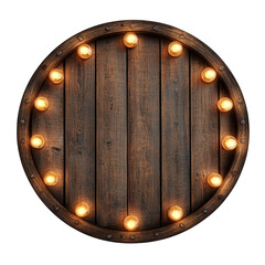 Poster - Illuminated rustic wooden barrel head, showcasing warm glowing lights on transparent emptiness