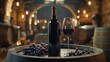 © Basileus - Wine bottle and glass on a barrel in a wine cellar.