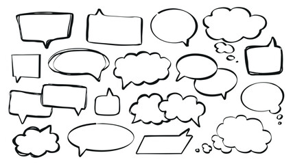 Poster - Speech bubbles set of marker brush stroke texture. Doodle handwriting elements with black empty communication frames for text messages in oval, cloud, rectangle and other shapes. Vector illustration.