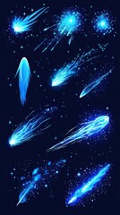 Wall Mural - blue meteors showering down in dark night sky, digital illustration, cosmic event, celestial display