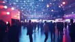 © Johannes - Business people mingle at busy trade show. Silhouettes of professionals navigate large hall filled with bright lights, exhibition booths. Event noisy with activity. Indoor venue hosts many visitors.