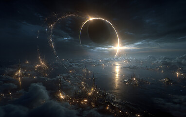 dark glowing energy sphere floating over surreal alien landscape with cosmic mist golden lights and 