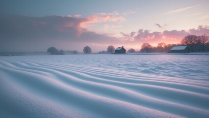 scenic outlook of the snow-covered terrain at twilight. country dwellings and trees in the rear. bea