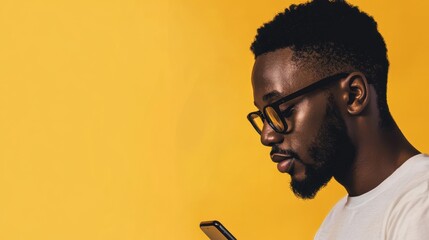 Young African Man Looking At Mobile Phone illustration , no logos, no brands