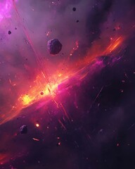 Wall Mural - dramatic cosmic explosion with asteroids and nebula in deep space, abstract digital painting, vibran